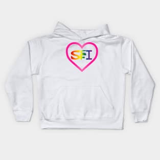 six colors rainbow scifi text inside pink heart outline Kids Hoodie